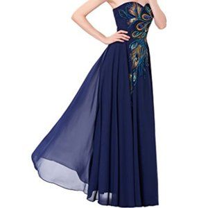 GRACE KARIN Long Strapless Embroidery Prom Dress A-line Peacock Detail